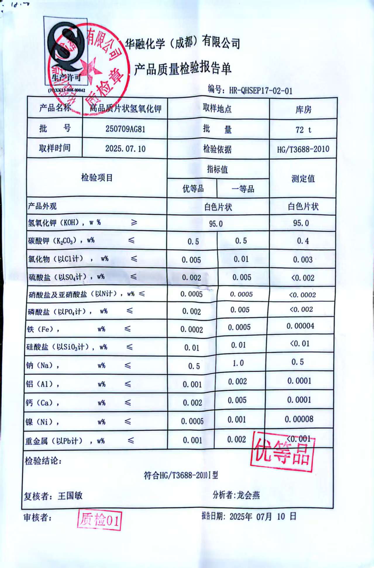 華融氫氧化鉀檢測(cè)報(bào)告